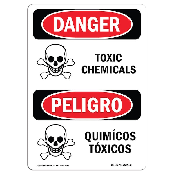 Safety Sign, OSHA Danger, 5" Height, Quimicos Toxicos, Bilingual Spanish, 10PK
